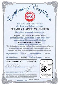 Premier Carriers Accrediation - ISO:18001
